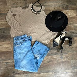 Ambiance Beige High Neck Cold Shoulder Crop Sweater | Medium
